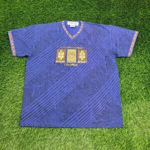 Vintage 90s Colombia Heritage AOP Shirt XL 23x26 Crop Blue